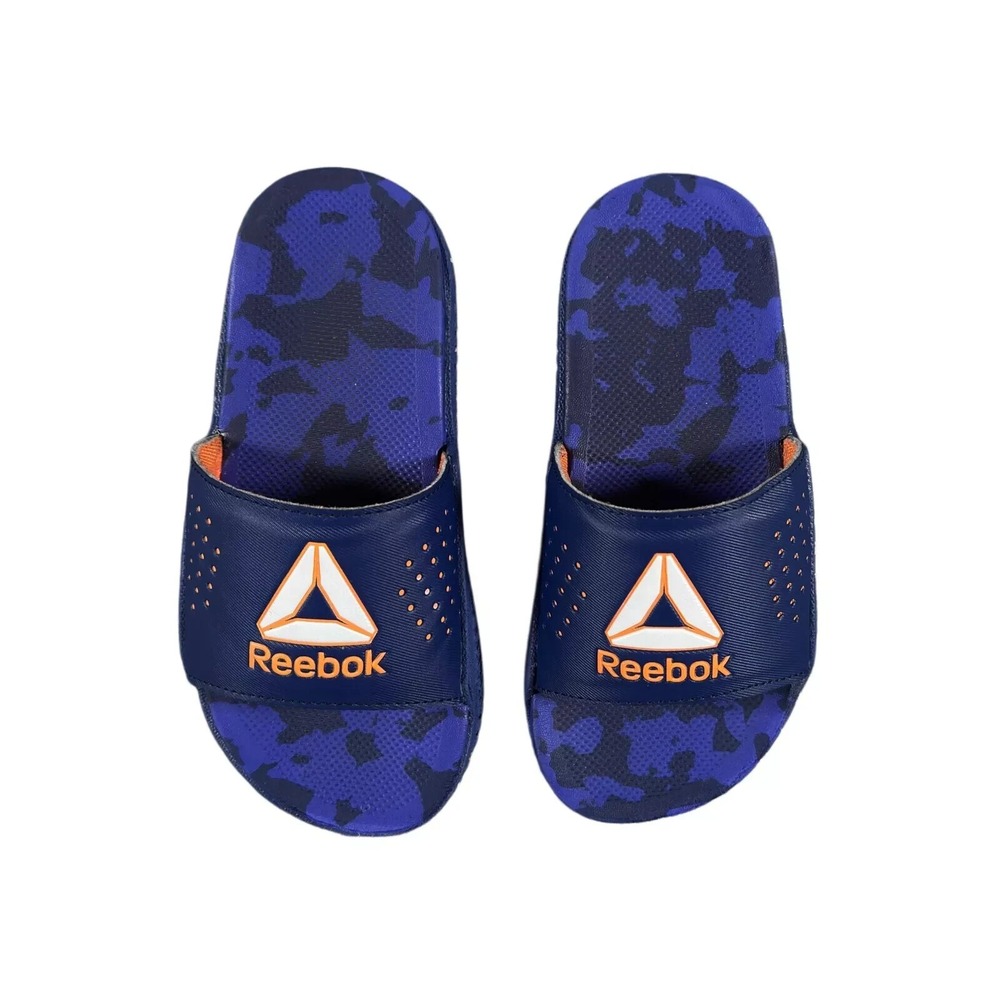 Reebok Pervade Comfort Slides Youth Boys Size 2 Blue Camouflage Orange